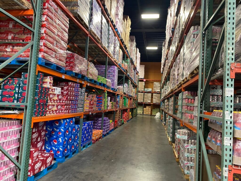 Pallets of beverages in the Al Eryani Wholesale warehouse