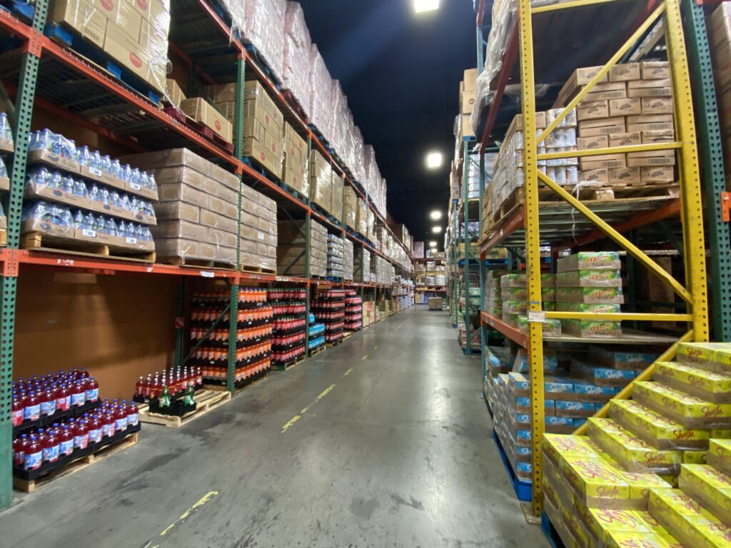 Warehouse aisle with beverages